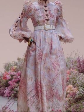 Zimmermann Blush Pink Floral Lace-Up Puff Sleeve Maxi Dress